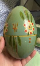 MCM Painted Egg Container 2 Piece Wooden Hand Unmarked Vintage picture