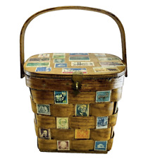Vintage Wood Basket Purse Stamp Collage Decoupage Hinged Lid Market Wicker picture