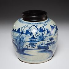 Chinese Kangxi Era Blue White Porcelain Mountain Village Landscape Jar Antique B picture
