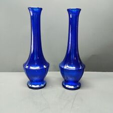 Pair of Vtg. Cobalt Blue Art Deco Paneled Glass Bud Vase 1940's Ribbed Edges 8