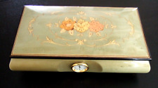 FLORAL INLAID WOOD ITALY JEWELRY MUSIC BOX w/ QUARTZ CLOCK Excellent Super Clean picture