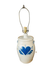 Vintage Rowe Pottery Works Stamped Blue Heart Crock Hand Thrown Salt Glaze Lamp picture