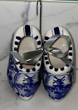 Vintage Blue And White Holland Ceramic Shoes/ Clogs Set Of Two Flo Blue Windmill picture