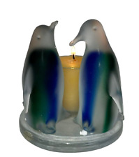 Partylite Penguin Candle Holder P7196 Frosted Glass Votive Blue Green 5