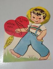Vintage 1950's Valentine Card Die Cut Boy With Pole And Fish Flocked Ephemera  picture