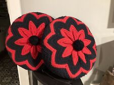 Vintage crochet  throw pillow 70's groovy retro mod hippie funky Red Black Poms picture