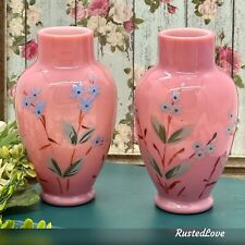 Continental Bristol Pink Hand Painted Floral Matching Vases Vintage 19th Century picture