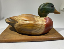Waterfowl  Wooden Carved Duck Glass Eyes  on Wooden Base approx 10