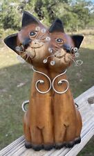 Vtg Siamese Cat Wooden Figurine Handcarved With Wire Tail Whiskers Thailand 12” picture