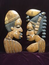 PR. VTG. AFRICAN HEADS WALL HAND CARVED WOOD ART SCULPTURES MAN WOMAN FIGURINE  picture