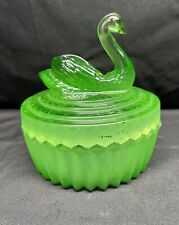 Vintage Jeannette Green Glass Vanity Jar Swan On Lid USA Made SEE PICTURES  picture