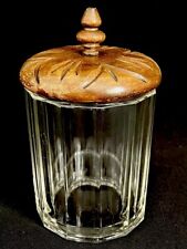 Antique Heavy Ribbed Glass Humidor Tobacco Jar with Tight Hand Carved Wood Lid picture