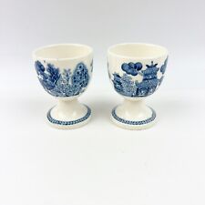 TWO Vintage Wedgwood Blue Willow Pattern Single Egg Cups Japanese Motif England picture