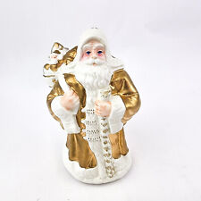 Vintage Holiday Treasures Porcelain Santa Claus White Gold Wind up Music Box picture