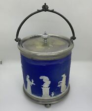 Wedgwood Blue JASPERWARE Antique Biscuit Barrel Jar & Silver Lid ~ Circa 1800’s picture