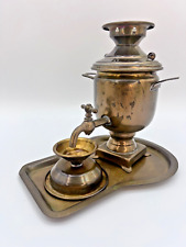 Miniature Brass Russian Samovar Tea Urn Tray Bowl Vintage Souvenir Soviet Union picture