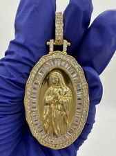 REAL 925 STERLING SILVER YELLW GOLD PLATED VIRGIN MARY CZ OVAL PENDANT 2.4