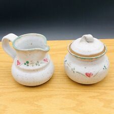 Art Pottery Creamer and Lidded Sugar Bowl Speckled w/ Pink Hearts & Green Trim picture