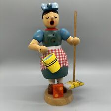 Handcrafted Wooden Incense Smoker Cleaning Woman / Lady with Mop German Vintage picture