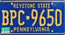 2001 PENNSYLVANIA LICENSE PLATE - YELLOW LETTERING ON BLUE with AUG 2001 STICKER picture