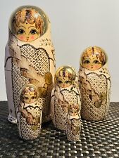 Russian Matryoshka Nesting Dolls 8” Burned Wood Inlaid  Gold Hand Made 5 Pcs Set picture