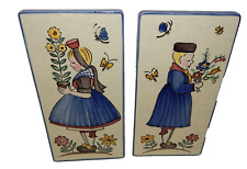 Pair Vtg Colorful PA Dutch Boy Girl w Flower Bouquets Hand Painted Wall Tiles picture