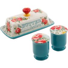 Pioneer Woman Vintage Floral Butter Dish Heart Lid Salt Pepper Shakers Stoneware picture
