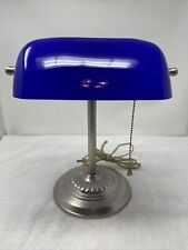 Vintage Banker’s Lamp Cobalt Blue Glass Silver Pedestal 1920’s Style Pull String picture