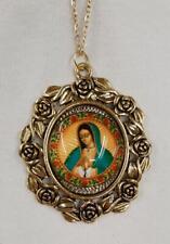 Lovely Rose Rimmed Goldtone Our Lady of Guadalupe at Prayer Pendant Necklace picture
