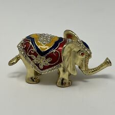 Jeweled ELEPHANT Hinged Trinket Box Paperweight Gold Metal Enamel Green Eyes picture