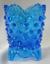 Vintage Daisy & Button Pattern Blue Glass Footed Toothpick Holder picture