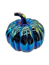 Iridescent Blue Multicolored Ceramic Pumpkin Fall Halloween Harvest Boho 6.5x6
