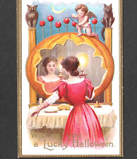 Halloween 1909 Lucky Lady Love Cupid Owl Cat US Conwell Mirror Antique PostCard picture