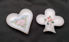 Set of 2 Antique Hand Painted Milk Glass Heart & Club Shaped Pin Trinket Dish picture