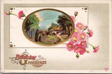 1914 HAPPY BIRTHDAY Greetings Postcard House Cottage Scene / Pink Daisies picture