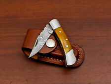 Rody Stan HAND MADE DAMASCUS FOLDING POCKET KNIFE - LOCK BACK - STAINED BONE picture