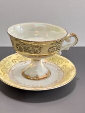 Vintage UCAGCO Japan Yellow Gold Pedestal Teacup & Saucer Lustreware Iridescent picture