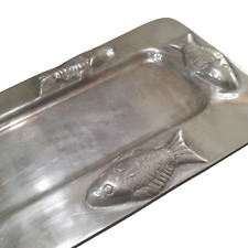 Vtg Holland Boone Polished Metal Large Rectangle Serving Tray w/ Raised Fish picture