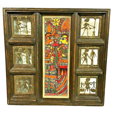 Vintage East Indian Folk Art Wall Decor w/ Painting & 6 Hand-Cast Brass Plaques  picture
