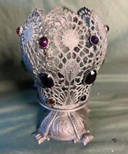 Vintage Filligree Jeweled Metal Catholic Sacred Heart Curch Votive Candle Holder picture