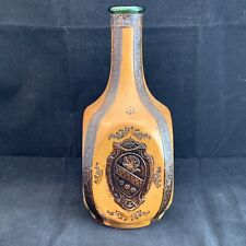 Vintage Italian Hand Tooled Leather Wrapped Decanter Bottle Green Glass picture