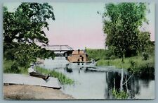 Okauchee Lake WI~Wagon Bridge Man Relaxes on Bottom of Boat~Another on Roof 1910 picture