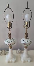 Pair Boho Czech Glass Glass Lamps with Fluted Milk Glass Oil Lamp Bases picture