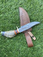 10”Hand Made /forged Damascus Steel Fixed Blade w/Ram horn/sheath/Skinner knife picture
