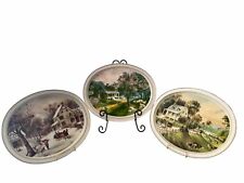 Currier and Ives Metal Trays American Homestead Oval ~ Set of 3 ~ USA picture