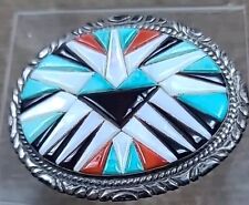 Vintage Zuni Inlay Belt Buckle Silver Turquoise Onyx Coral Oval Signed Old Pawn  picture