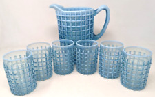 Rare AJ Beatty Blue Opalescent Glass Waffle Honeycomb Pitcher & Tumblers Set M24 picture