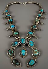 RARE Vintage Navajo Silver Turquoise CHRYSOCOLLA Squash Blossom Necklace NICE picture