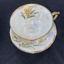 Vintage March Daffodil  Footed Porcelain Teacup & Saucer iridescent lusterware  picture