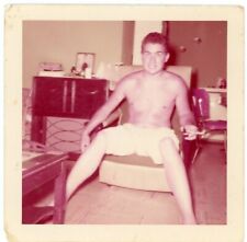 Vtg 1950s Found Photo 1956 Shirtless Man Guy Smoking Cigarette picture